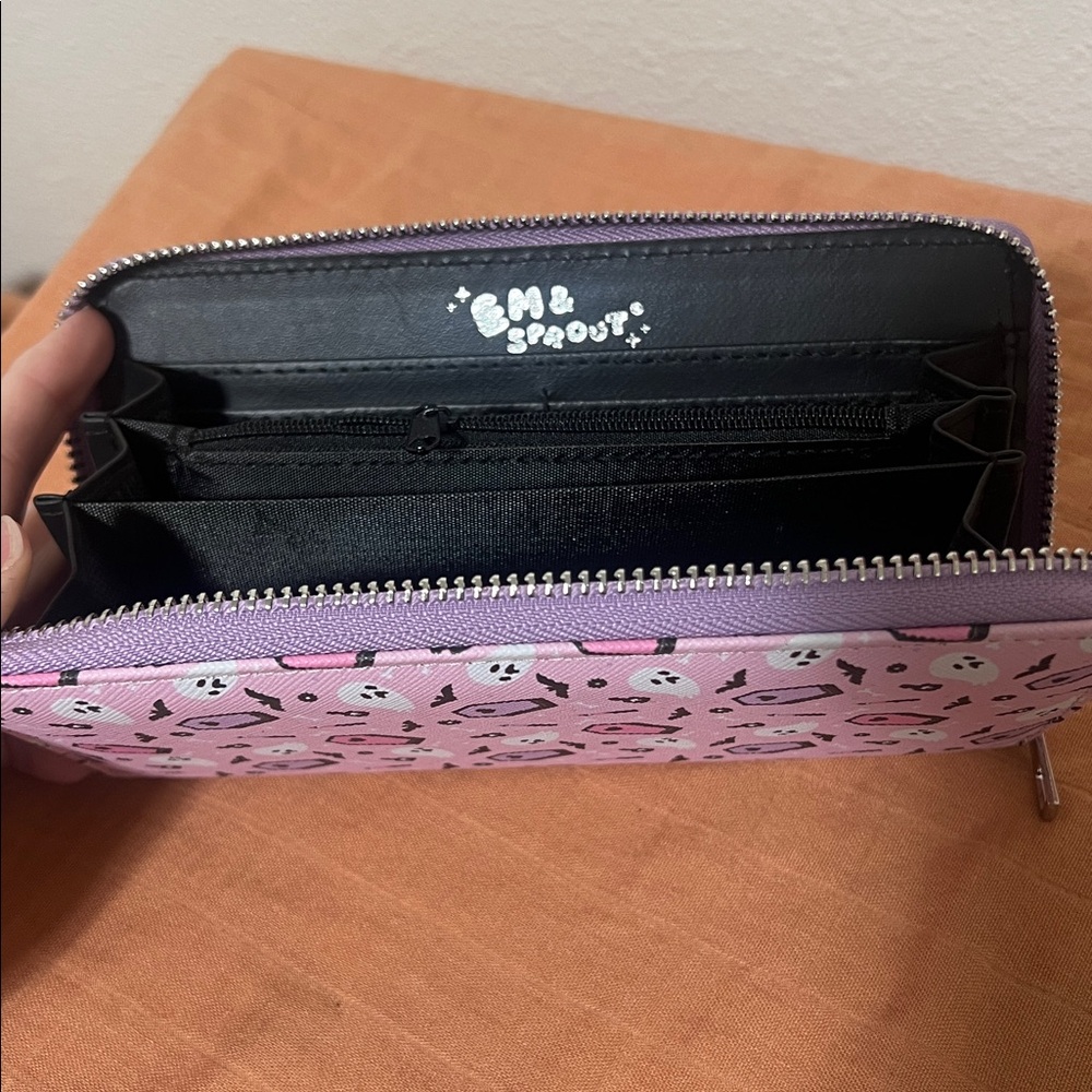 Em & Sprout Spooky Pink Coffin Ghost Bat Candle Long Zipper Wallet NEW - Picture 3 of 6